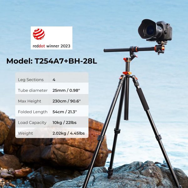 K&F Concept 90 inch/230cm Ultra High Camera Tripod,Horizontal Overhead Shooting Travel Tripods with Metal Ball Head 10KG Load Capacity,Detachable Monopod, for Indoor and Outdoor Use T254A7+BH-28L - Image 2