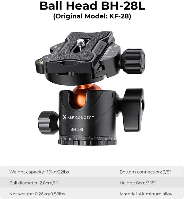 K&F Concept 90 inch/230cm Ultra High Camera Tripod,Horizontal Overhead Shooting Travel Tripods with Metal Ball Head 10KG Load Capacity,Detachable Monopod, for Indoor and Outdoor Use T254A7+BH-28L - Image 5