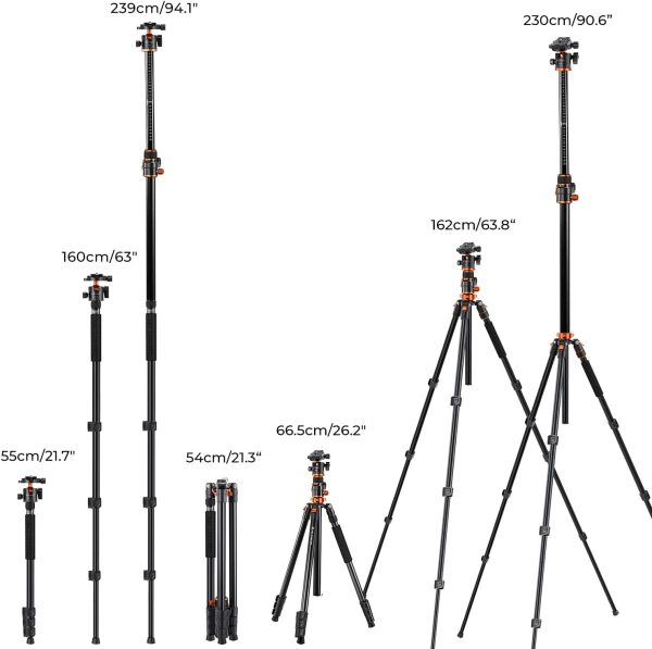 K&F Concept 90 inch/230cm Ultra High Camera Tripod,Horizontal Overhead Shooting Travel Tripods with Metal Ball Head 10KG Load Capacity,Detachable Monopod, for Indoor and Outdoor Use T254A7+BH-28L - Image 6
