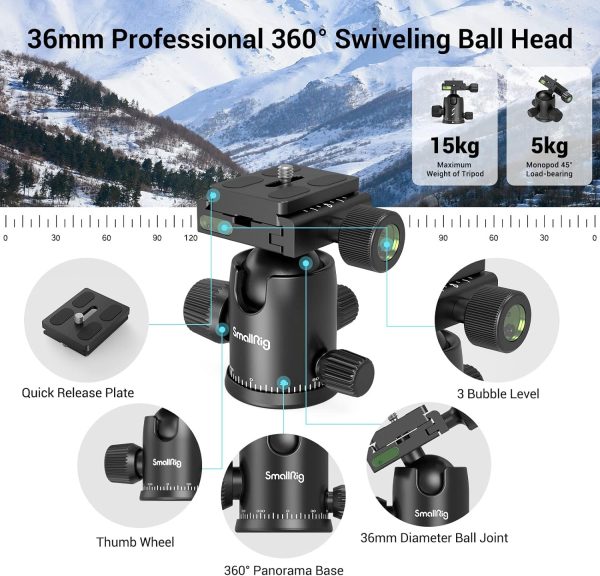 SmallRig Camera Tripod, 71" Foldable Aluminum Tripod/Monopod, 360°Ball Head Detachable, Payload 33lb, Adjustable Height from 16" to 71" for Camera, Phone - Image 3
